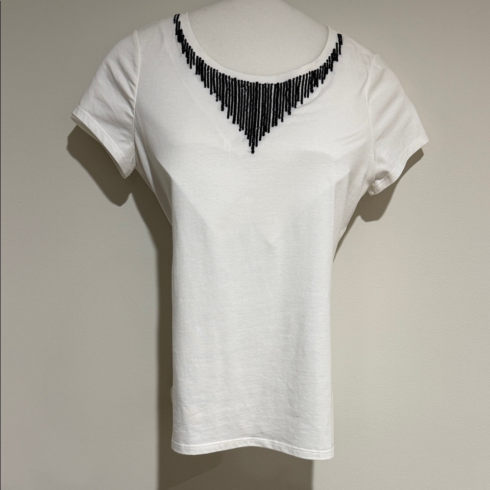 NewWhite House Black Market White Top with Black Bead Design